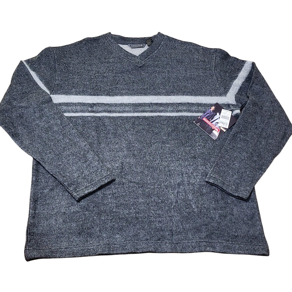 Quiksilver Sweater Mens XL Gray Stripe V Neck Knit Cotton Blend Pullover Casual